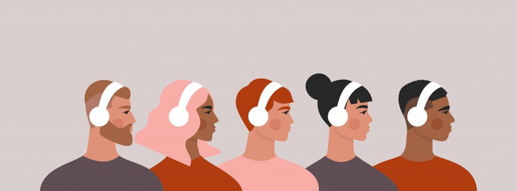 5 menschen hören musik mit kopfhörern illustration