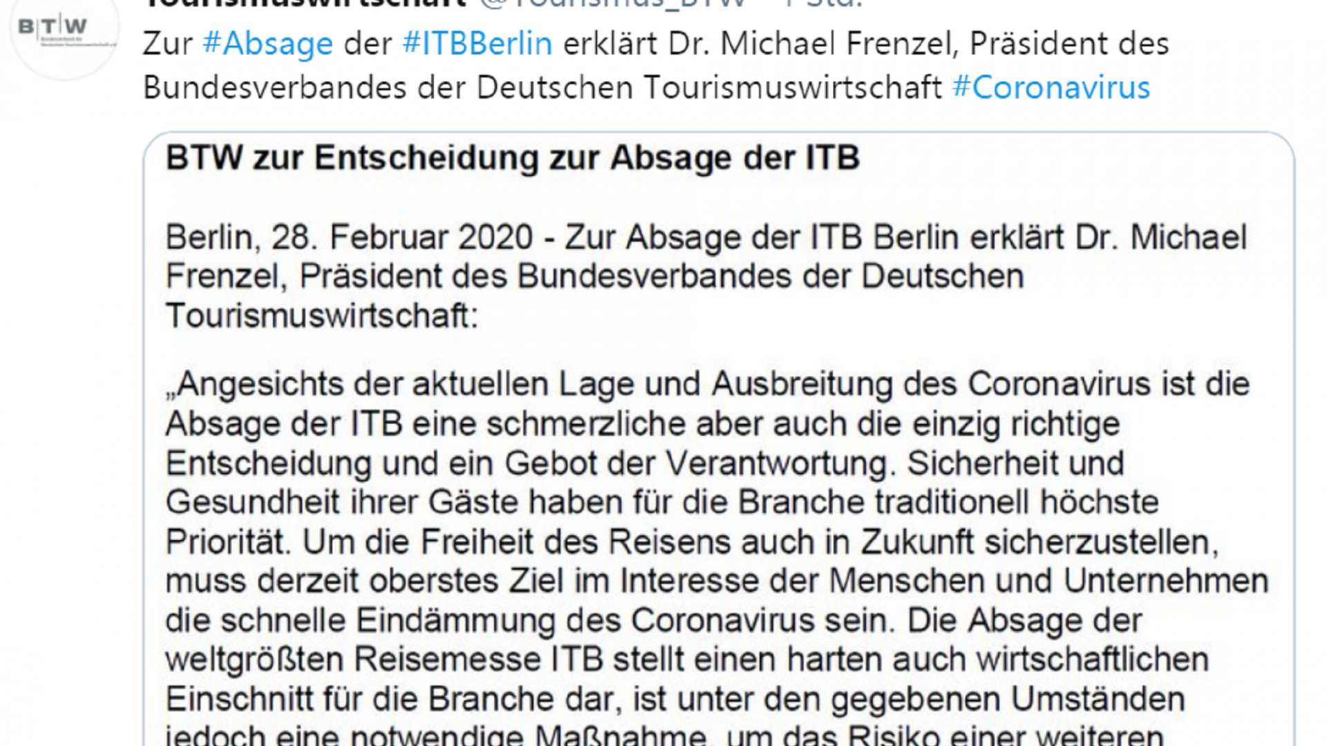 Twitter-Beitrag von Tourismuswirtschaft zur Absage der iTB Berlin