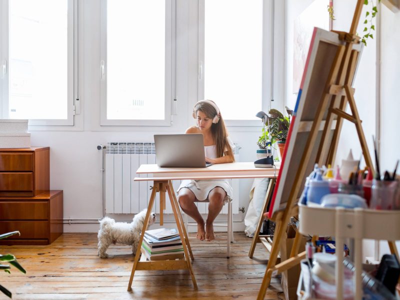 Hund mit Frau im Büro