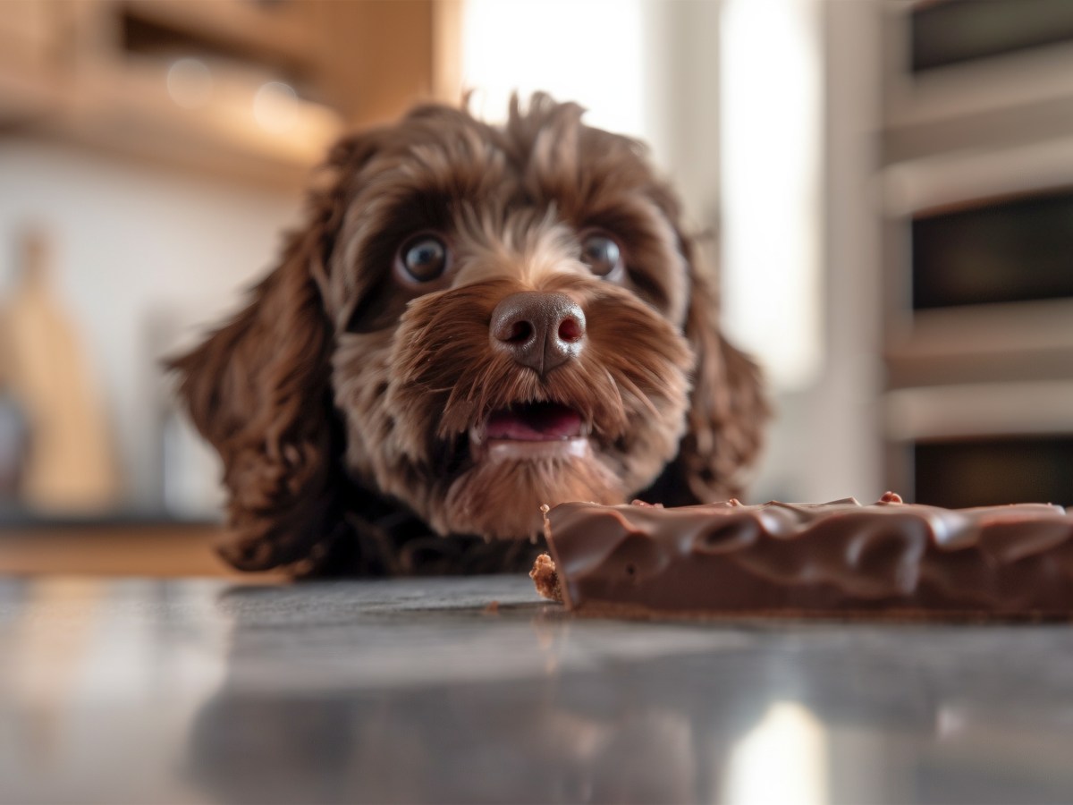 Hund sieht ein StÃ¼ck Schokolade.