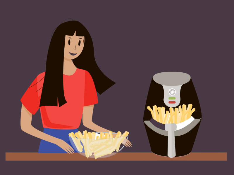 Cartoon einer Frau die Pommes in einem Air Fryer macht