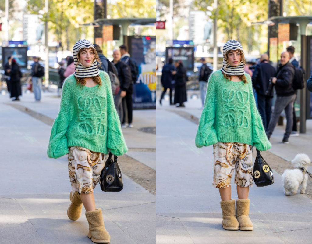 streetstyle foto von frau mit großem pulli, weiter hose und uggs