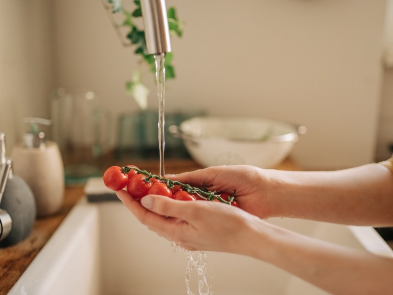 Frau wäscht Tomaten