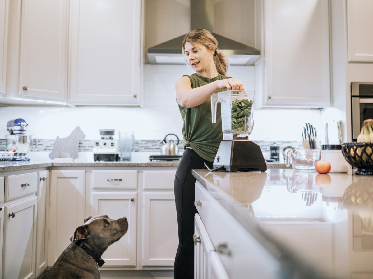 Frau macht Smoothie für Hund