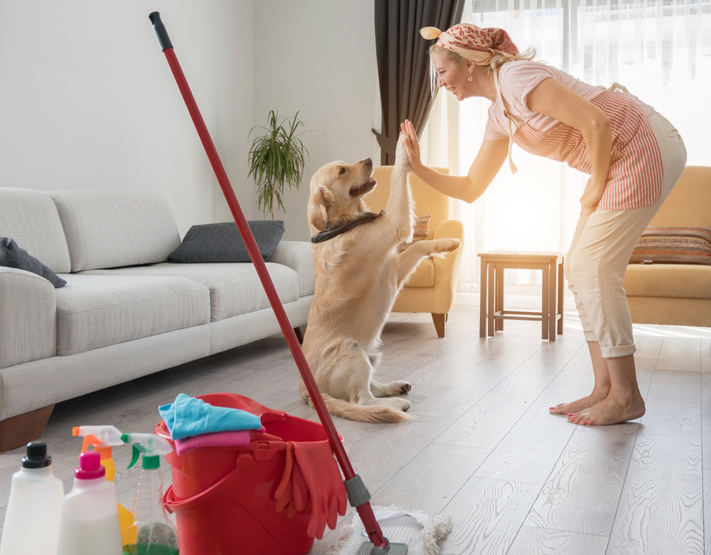 Frau und Hund beim Putzen