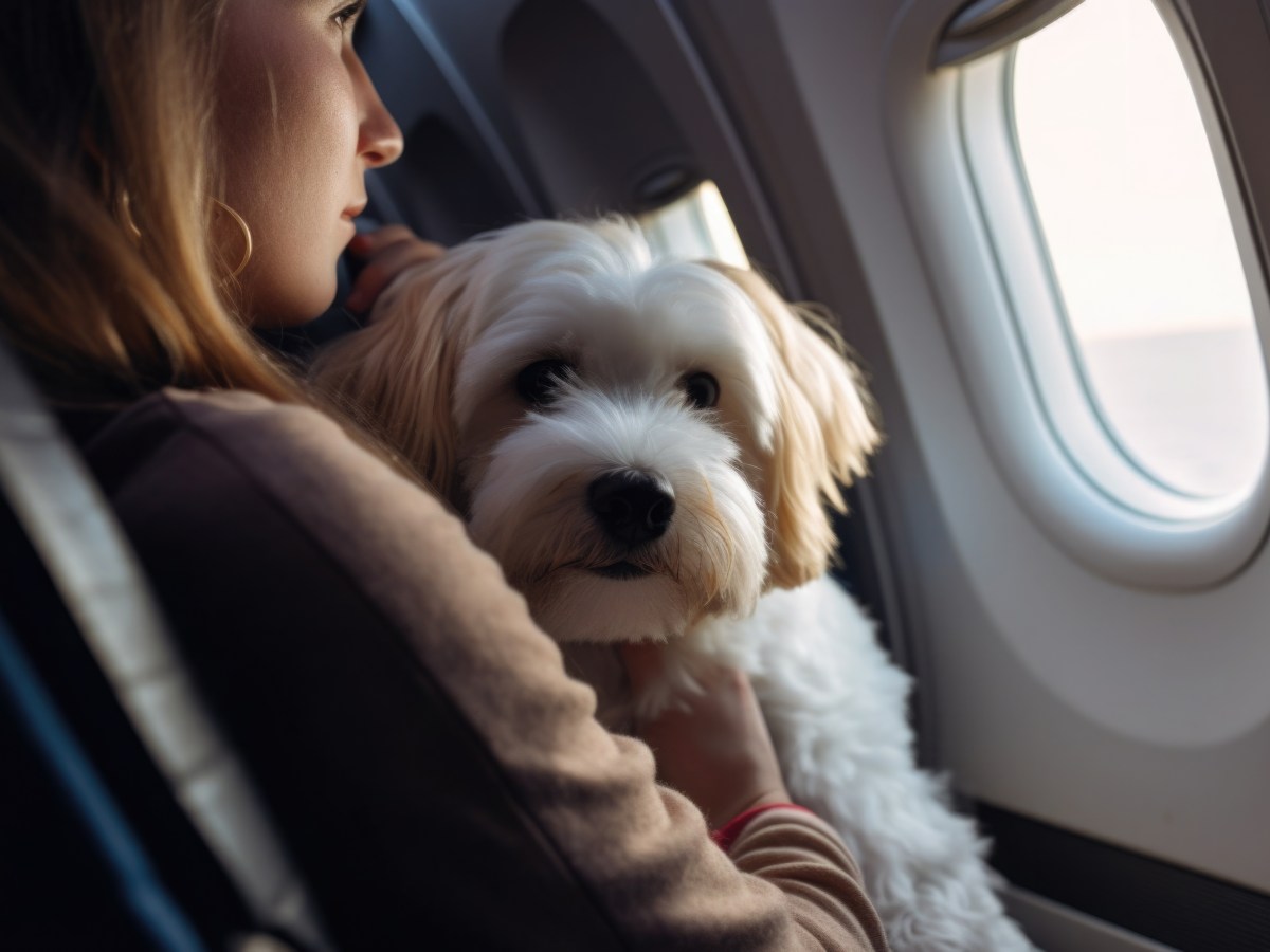 Hund im Flugzeug als HandgepÃ¤ck bei Frau auf dem Arm.