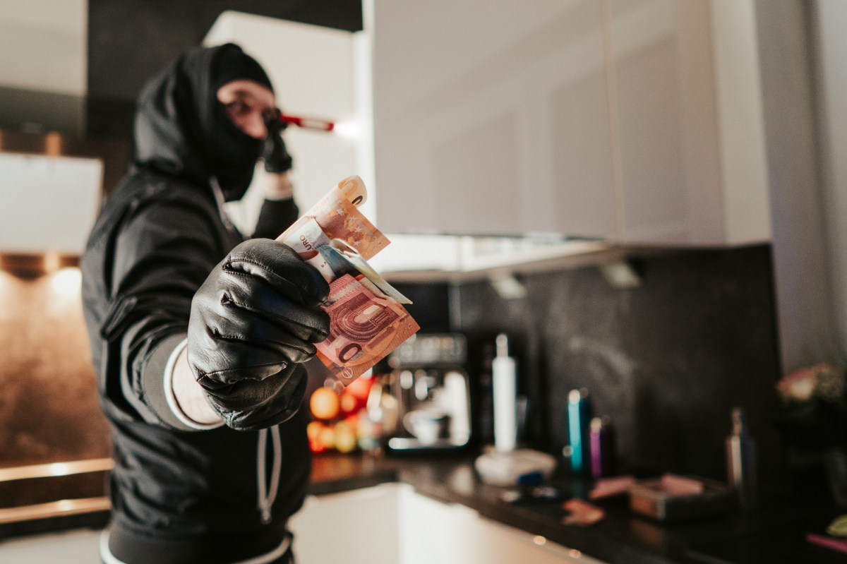 Ein Einbrecher hält Geldscheine in der Hand.