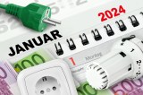 Ein Kalender des Jahres 2024 mit Stromsteckern und Thermostaten.