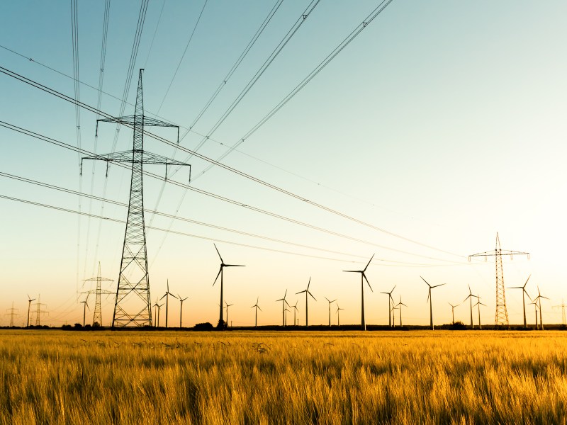 Strommasten im Kornfeld und WindrÃ¤der im Sonnenuntergang.