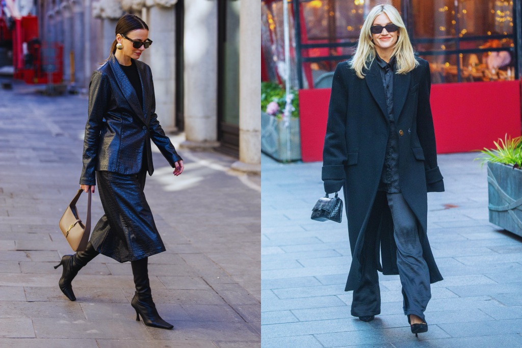 Zwei Frauen mit schwarzen Outfits gehen die Straße entlang.