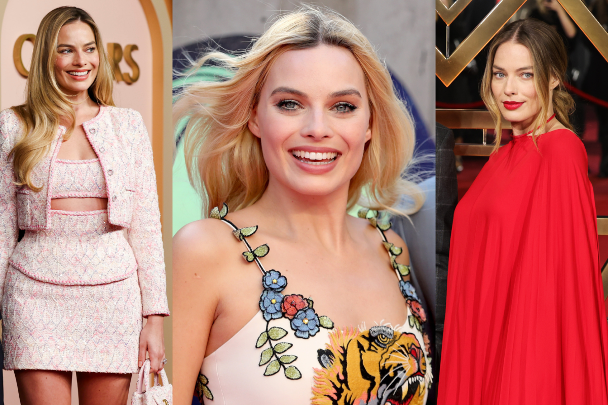 Margot Robbie in drei verschiedenen Outfits.