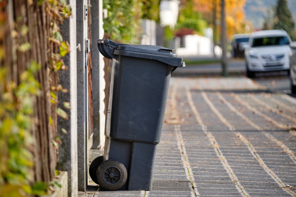 Eine schwarze Mülltonne steht am Straßenrand.