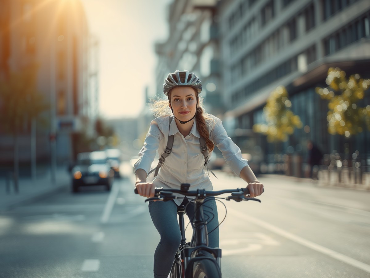 Eine Frau sitzt auf dem Fahrrad. Sie trÃ¤gt einen Helm.