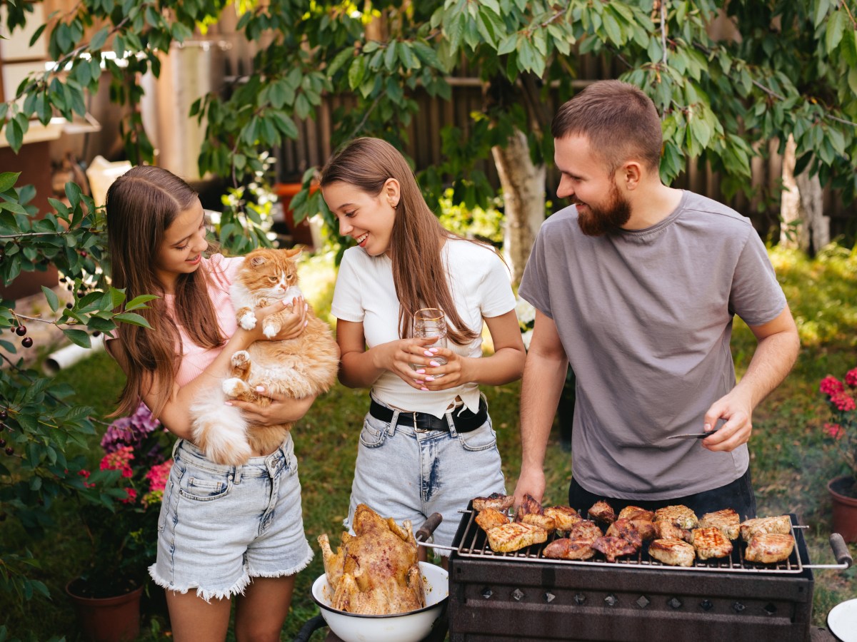 Menschen stehen mit Katze auf dem Arm am Grill mit Grillfleisch