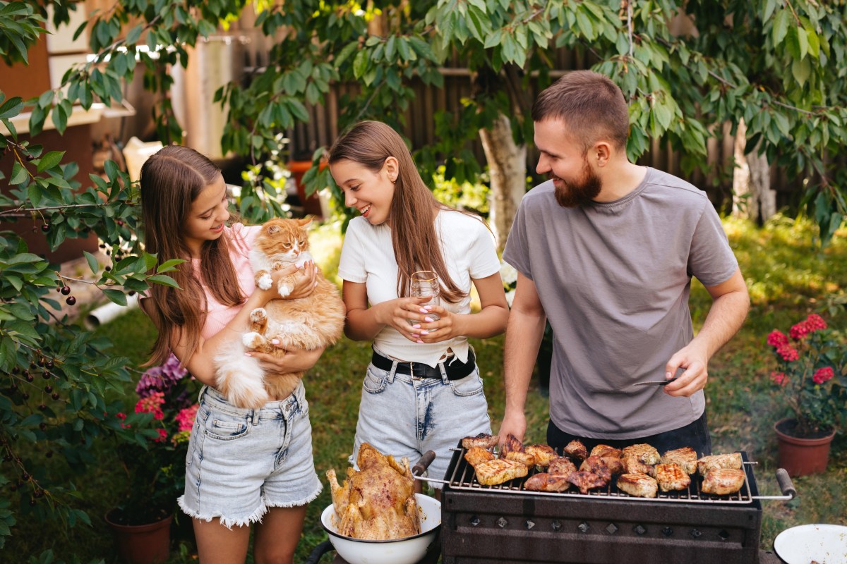 Menschen stehen mit Katze auf dem Arm am Grill mit Grillfleisch