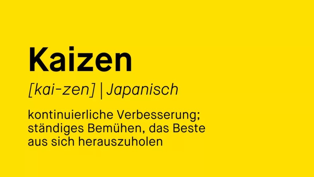 Kaizen-Defintion "kontinuierliche Verbesserung; ständiges Bemühen, das Beste aus sich herauszuholen". Frau hinter lila transparenten Wand.