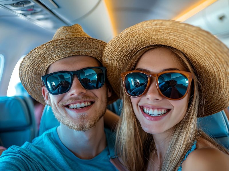 Paar mit Sonnebrille im Flugzeug