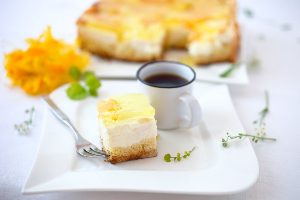 Ein StÃ¼ck Schmankuchen vom Blech mit FrÃ¼chten auf einem Teller, daneben eine Kaffeetasse, dahinter der Kuchen.