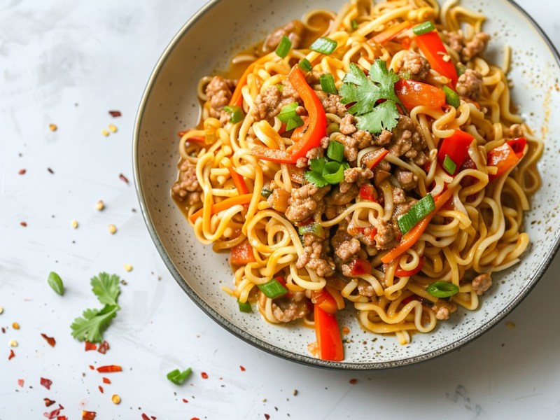 Ein Teller asiatische Bolognese mit Nudeln, Paprika und MÃ¶hren, bestreut mit Koriander und FrÃ¼hlingszwiebeln, Draufsicht.