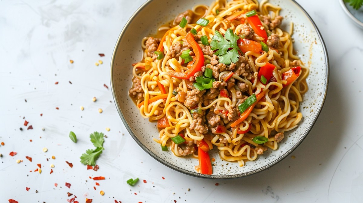 Ein Teller asiatische Bolognese mit Nudeln, Paprika und MÃ¶hren, bestreut mit Koriander und FrÃ¼hlingszwiebeln, Draufsicht.