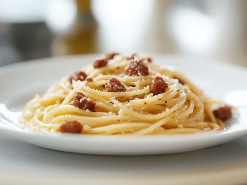 Chorizo Carbonara auf einem weiÃŸen Teller.