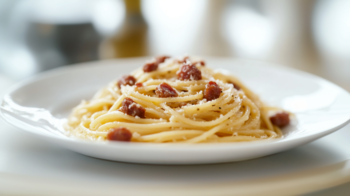 Chorizo Carbonara auf einem weiÃŸen Teller.