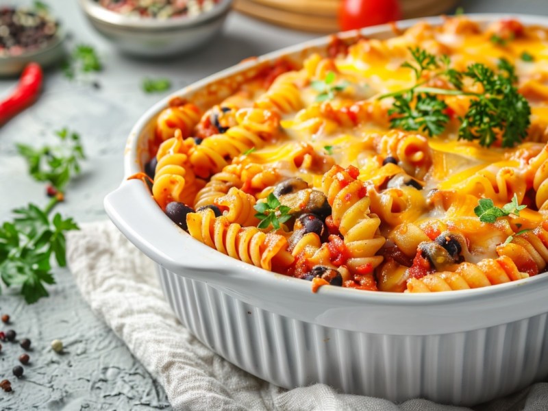 Eine Auflaufform mit mexikanischem Nudelauflauf mit Bohnen und KÃ¤se Ã¼berbacken, garniert mit KrÃ¤utern.