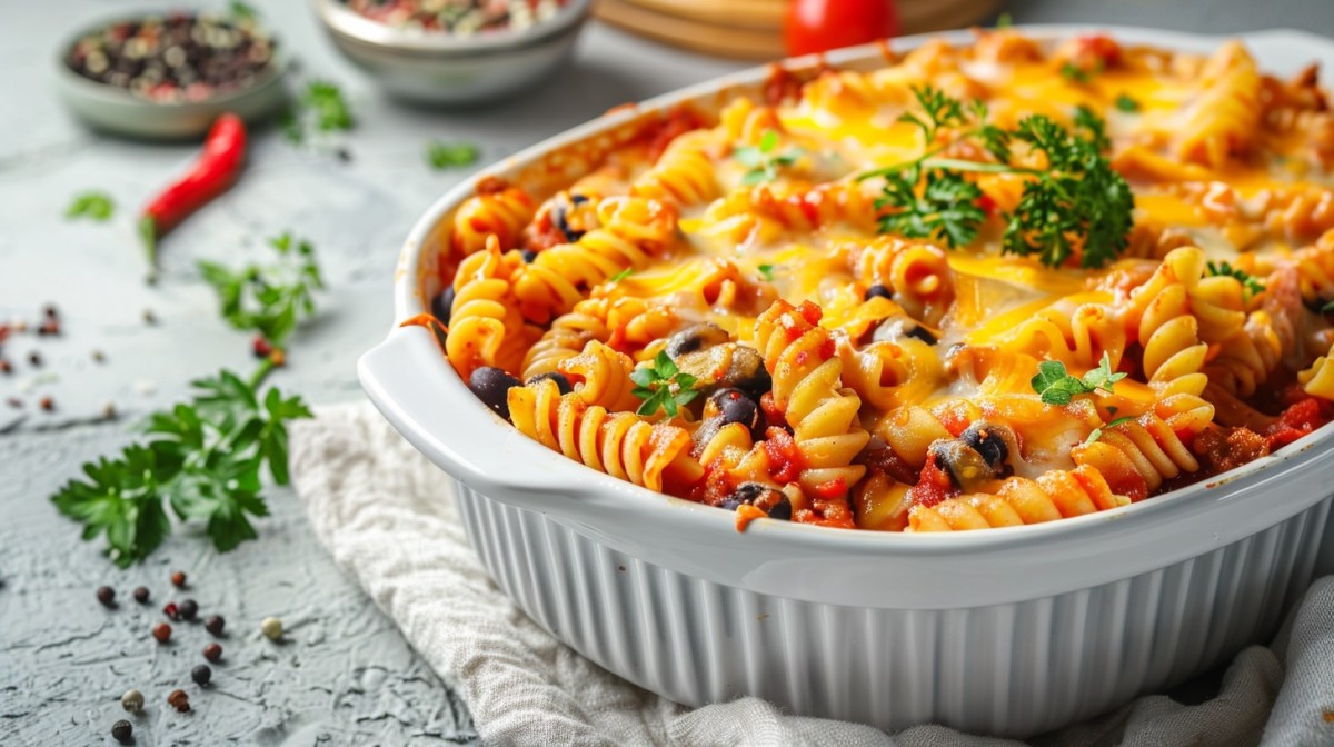 Eine Auflaufform mit mexikanischem Nudelauflauf mit Bohnen und KÃ¤se Ã¼berbacken, garniert mit KrÃ¤utern.