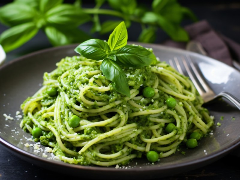 Nudeln mit grünem Erbsen-Pesto.