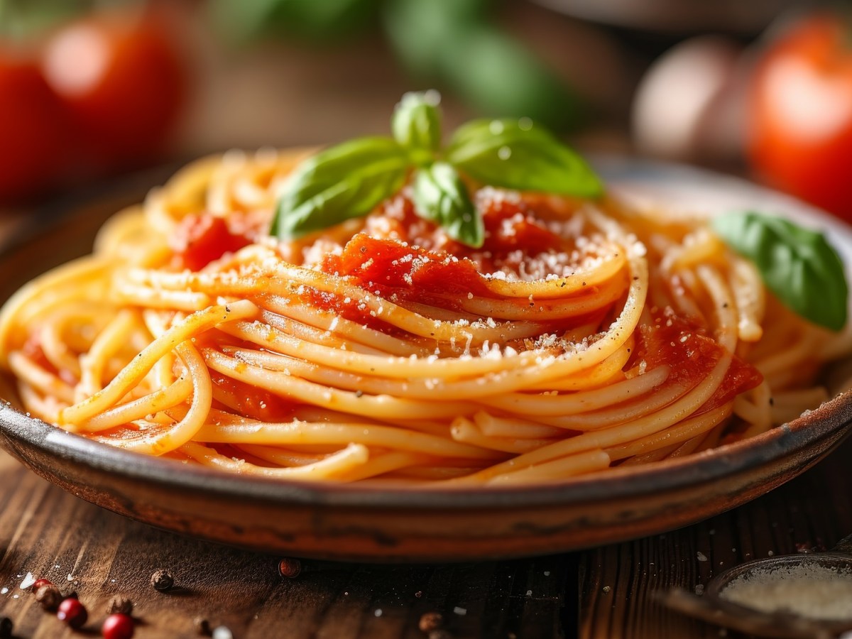 Teller mit Nudeln mit sizilianischer TomatensoÃŸe, daneben frische Tomaten und Basilikum.