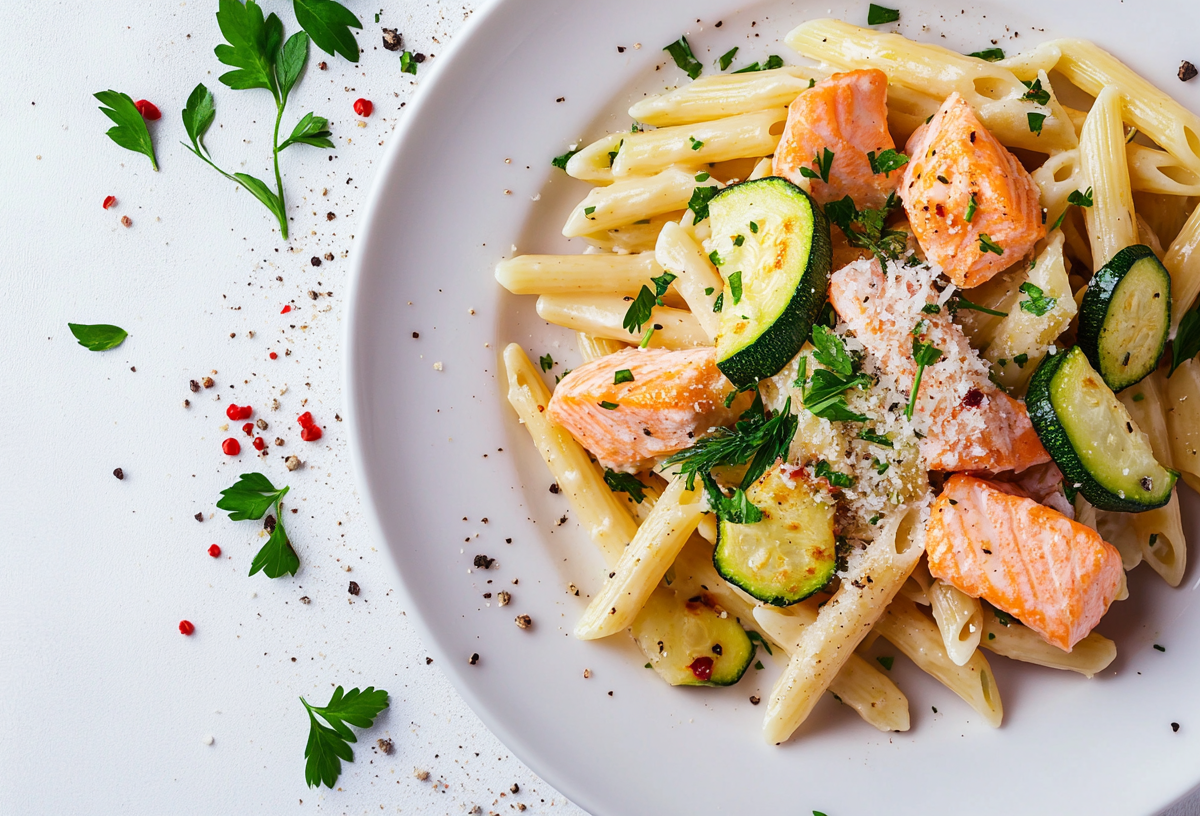 Ein Teller Nudeln mit Zucchini und Lachs, garniert mit Parmesan und Petersilie. Draufsicht.