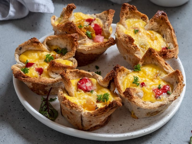 Rührei-Toast-Muffins auf einem Teller serviert.