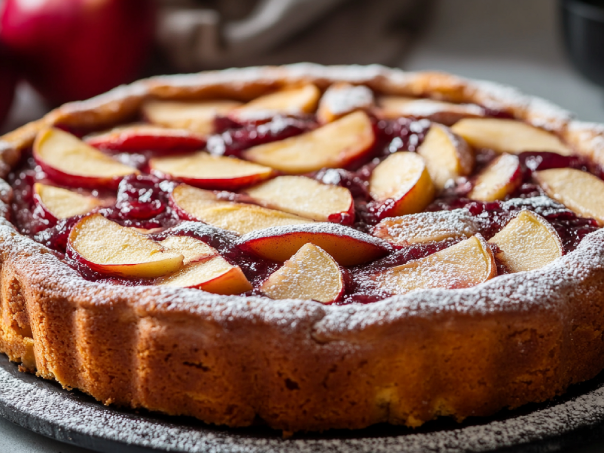 Apfelkuchen mit Marmelade auf einer Tortenplatte