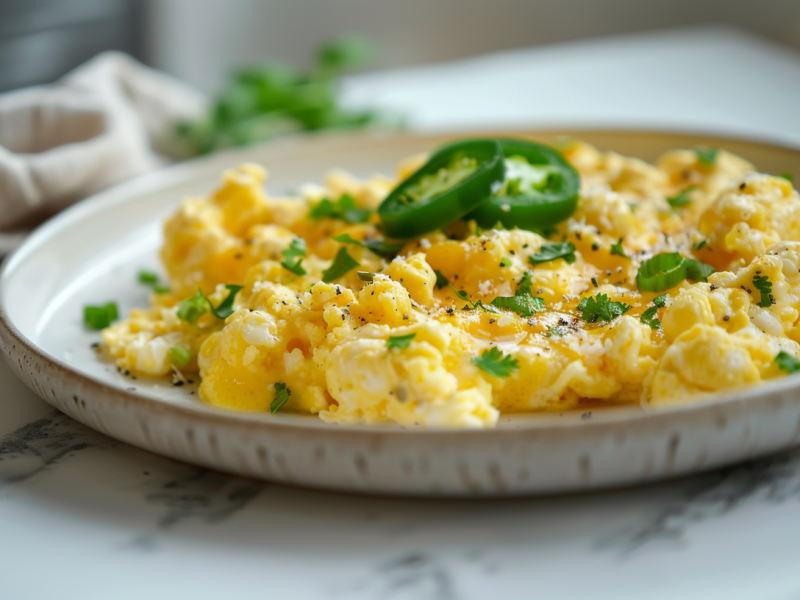 Chili Cheese RÃ¼hrei auf einem weiÃŸen Teller, garniert mit JalapeÃ±os.