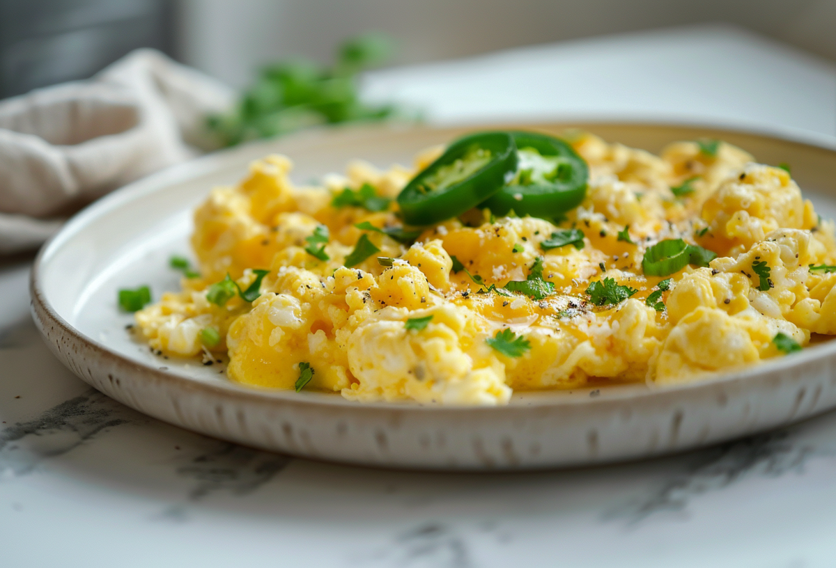 Chili Cheese RÃ¼hrei auf einem weiÃŸen Teller, garniert mit JalapeÃ±os.