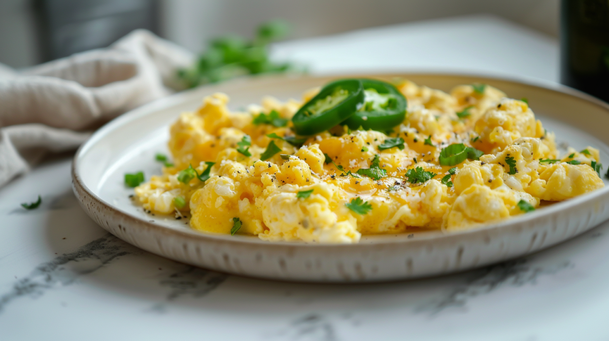 Chili Cheese RÃ¼hrei auf einem weiÃŸen Teller, garniert mit JalapeÃ±os.