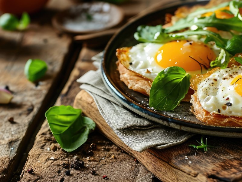 Teller mit spanischen Knoblauch-Eiern, mit Petersilie bestreut auf Holztisch.