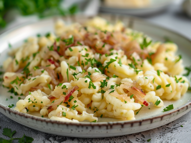 Ein Teller KrautspÃ¤tzle mit Apfelmus, bestreut mit Petersilie.