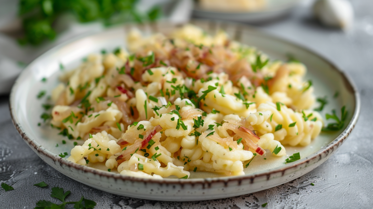 Ein Teller KrautspÃ¤tzle mit Apfelmus, bestreut mit Petersilie.