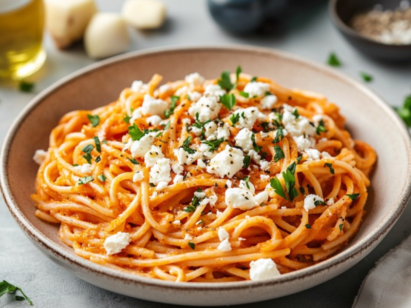 Eine SchÃ¼ssel Paprika-Pasta mit Feta.