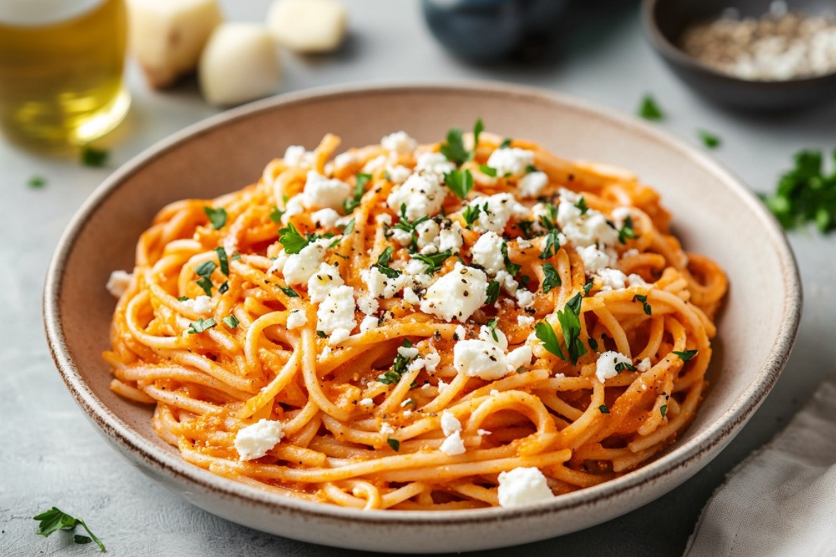 Eine SchÃ¼ssel Paprika-Pasta mit Feta.