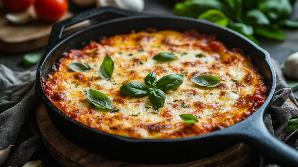 Pfannenlasagne mit Mozzarella in gusseiserner Pfanne, garniert mit frischem Basilikum.