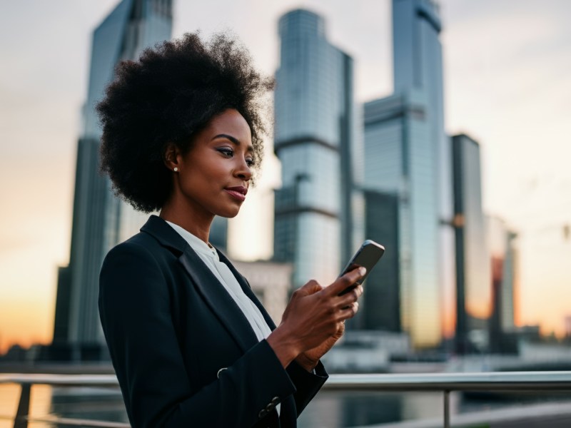 Eine Frau im Business-Anzug schaut auf ihr Handy.