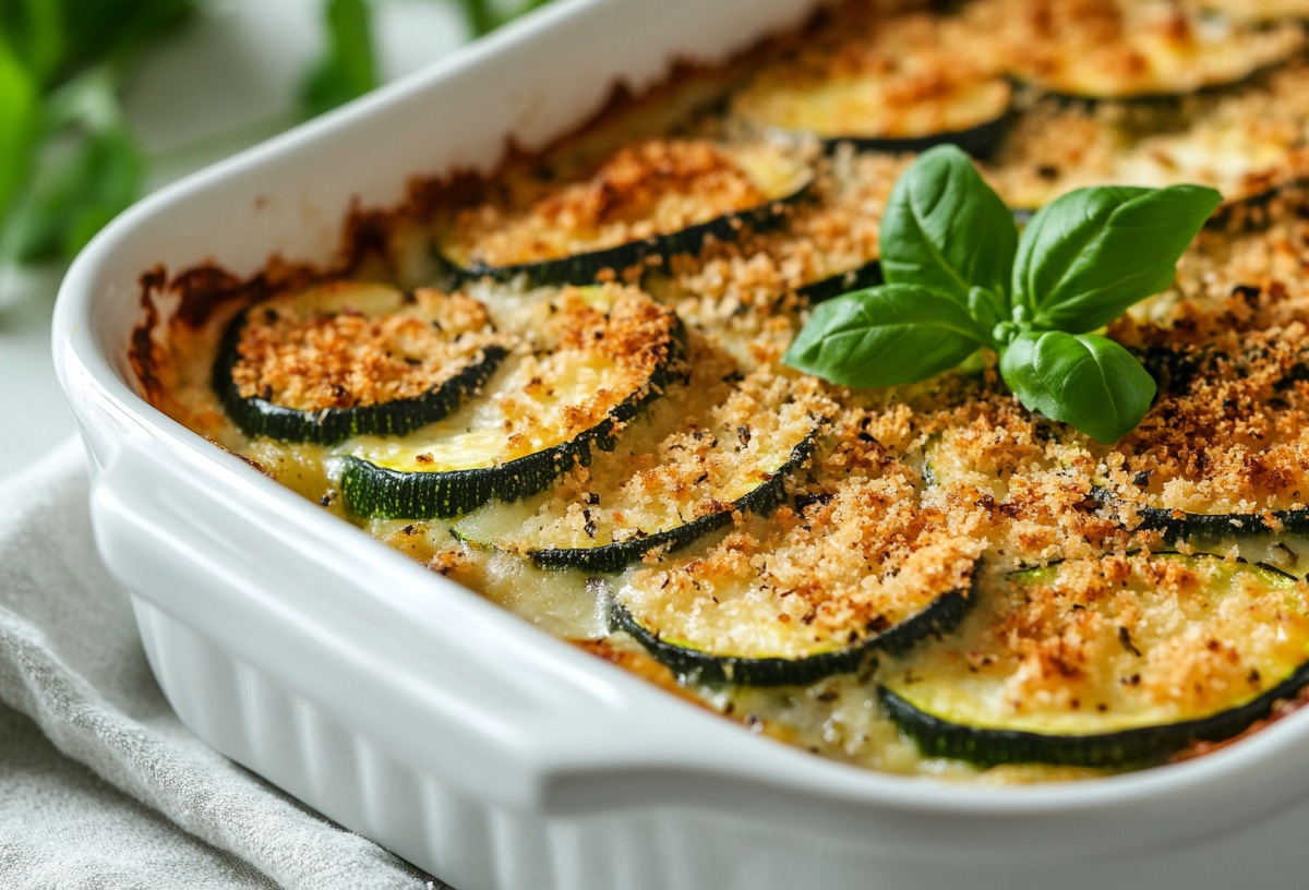 Zucchini-Gratin mit SemmelbrÃ¶seln in weiÃŸer Auflaufform, Nahsicht.