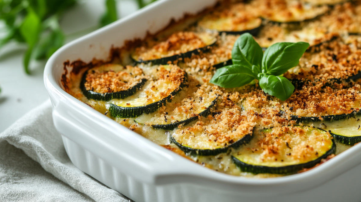 Zucchini-Gratin mit SemmelbrÃ¶seln in weiÃŸer Auflaufform, Nahsicht.