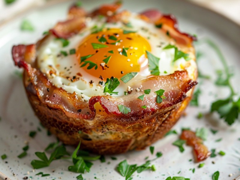 Bacon-Spiegelei-Muffins mit Petersilie bestreut auf einem Teller, Nahaufnahme.