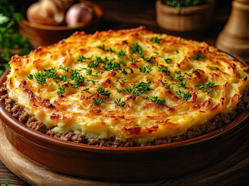 Shepherd's Pie mit Bolognese in einer Steingut-Auflaufform.