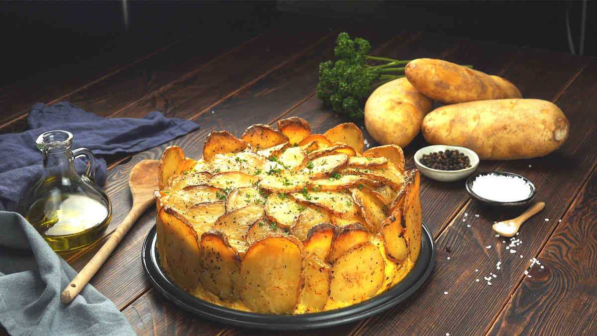 Ein Kartoffelkuchen, neben dem Zutaten und SchÃ¤lchen mit Peffer und Salz sind.