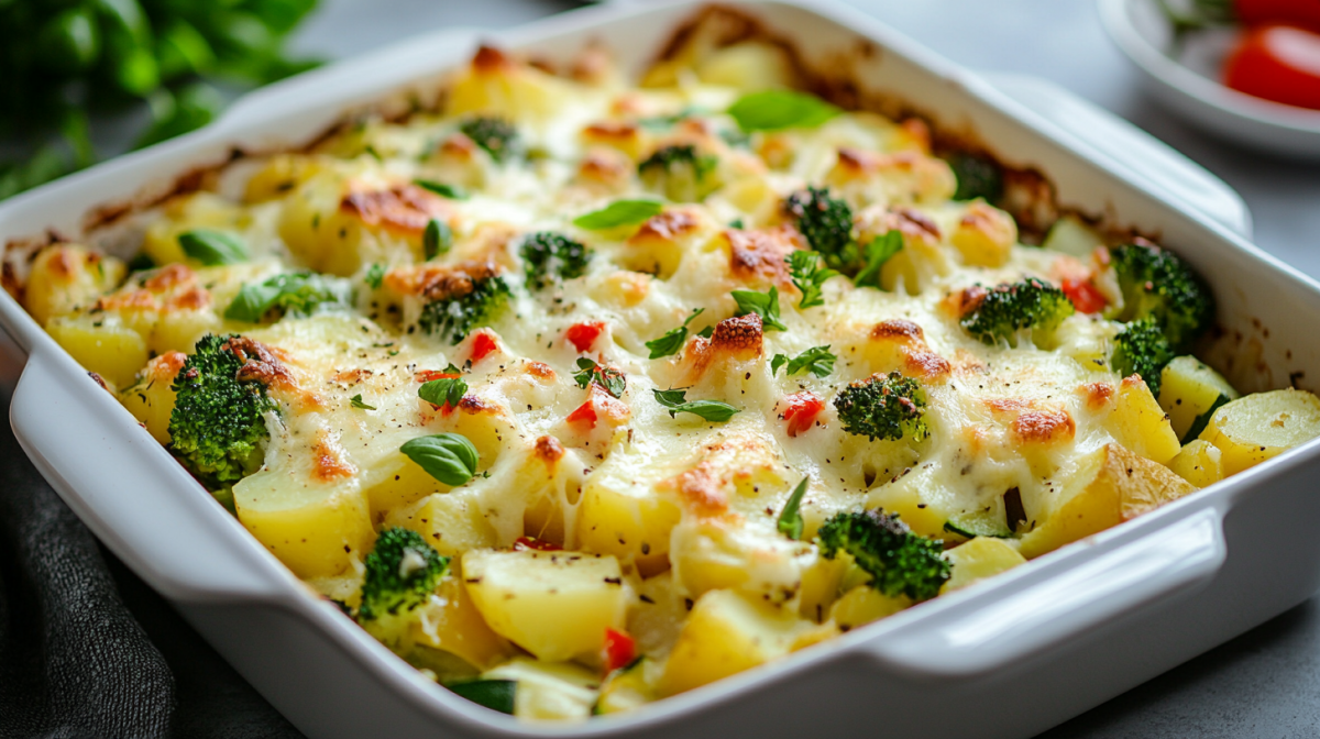 Mediterraner Kartoffelauflauf mit Brokkoli in einer Auflaufform, Nahaufnahme.