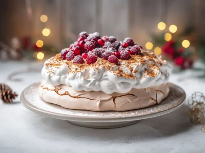 Eine Baiserschicht, belegt mit Quarkcrme und einem Kranz aus frischen Beeren, gekrÃ¶nt von einer leichten Schneedecke aus Puderzucker und essbarem Glitzer fÃ¼r das festliche Funkeln.